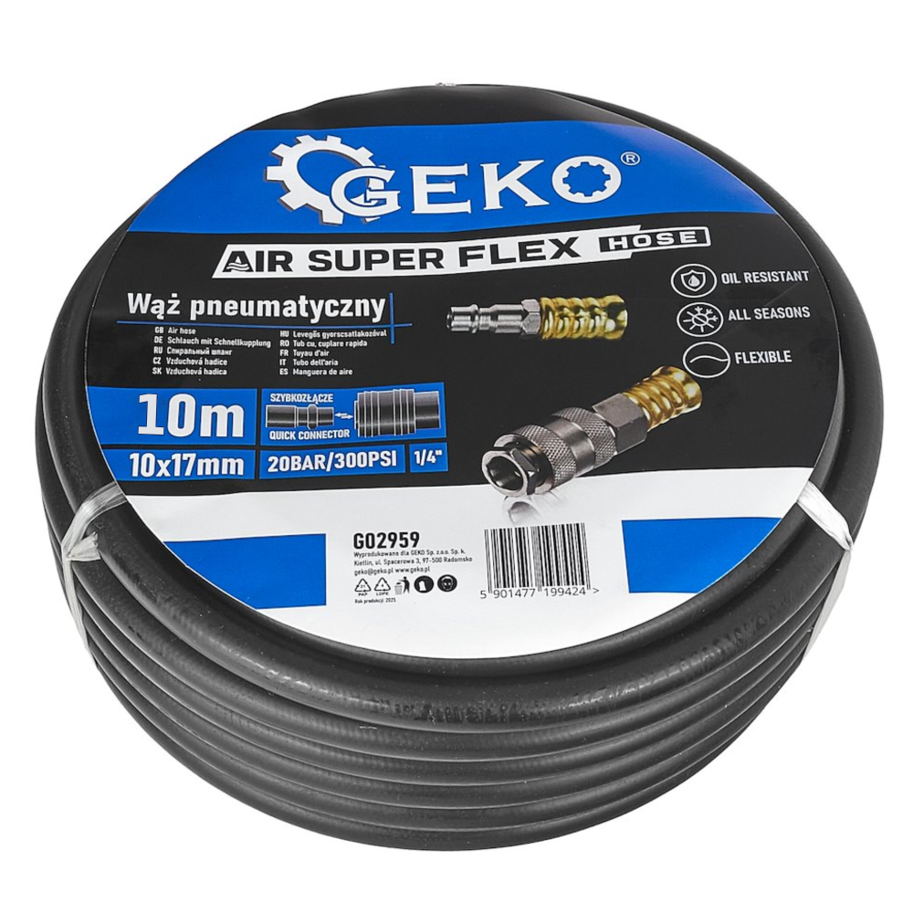 Гумен маркуч за въздух с универсални бързи връзки GEKO G02959, 10 x 17 мм, 20 бара, 10 метра